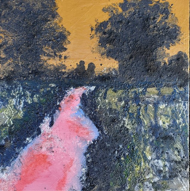 "The Gate" 12x12 lightning charcoal, volcanic ash, glue, acrylic & oil on canvas