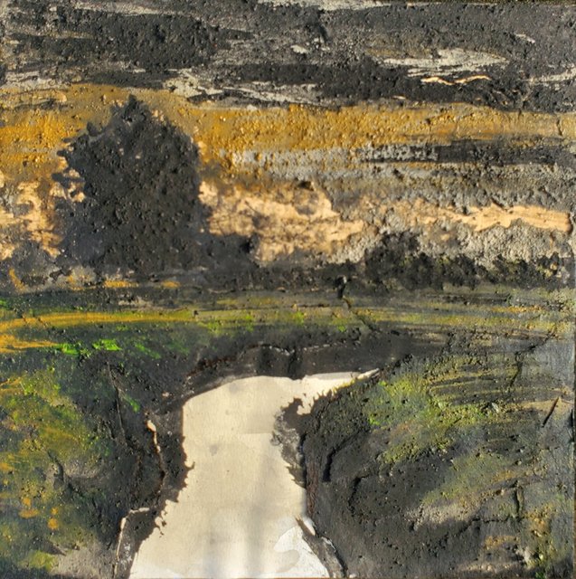 "After the Rain 3" 12x12 lightning charcoal, volcanic ash, tar paper, glue, acrylic & oil on canvas
