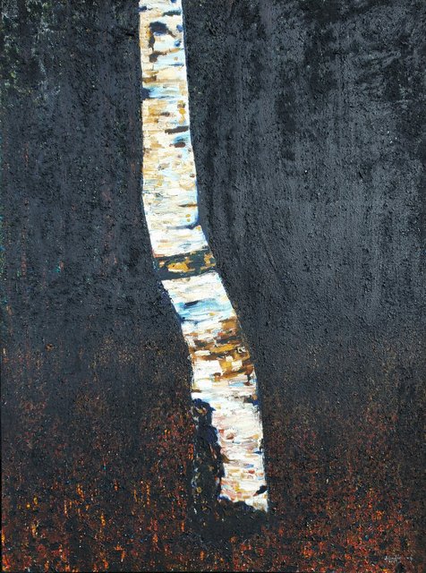 "The Birch" 40x30 forest fire charcoal & oil on canvas