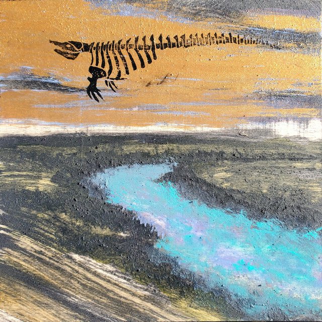 "Samish Memory" 10x10 lightning charcoal, volcanic ash, acrylic & oil on wood