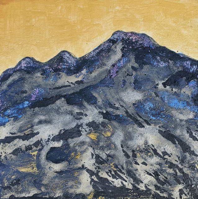 "Mt. Baker Alpen Glow" 12x12 forest fire charcoal, volcanic ash, glue, acrylic & oil on canvas