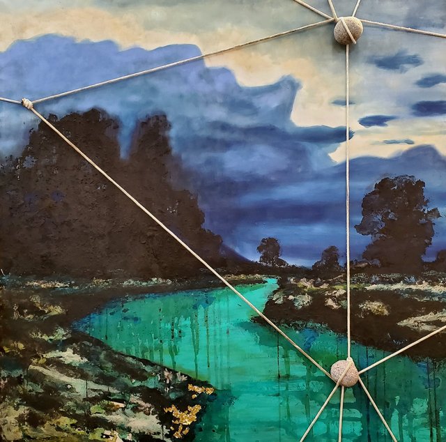 "Liminal Lunar Lines" 48X48 lightning charcoal, volcanic ash, stone, oil & acrylic, glue, gold leaf, rope & rain on canvas