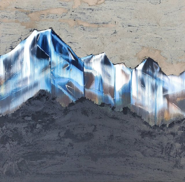"Kulshan" 30x30 forest fire charcoal, volcanic ash, acrylic & oil on canvas