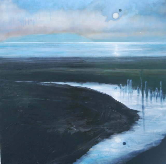 winter walking the night river with walt whitman, 48"x48"