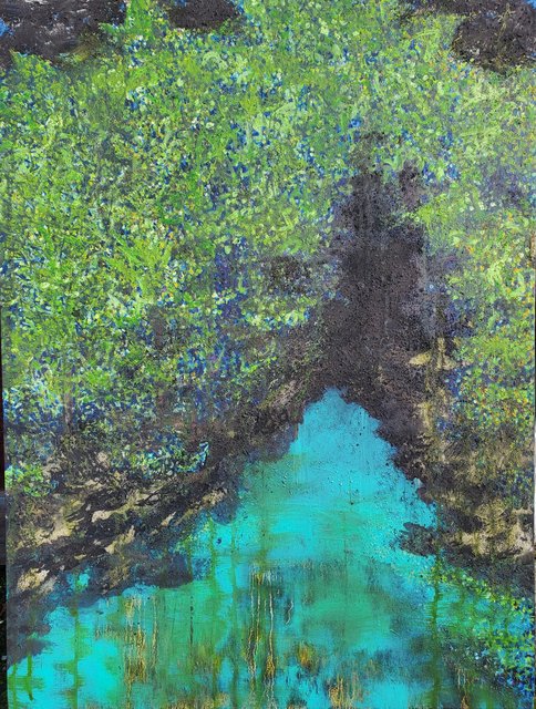 "Through the Forest" 40x30 lightning charcoal, volcanic ash, acrylic & oil on canvas