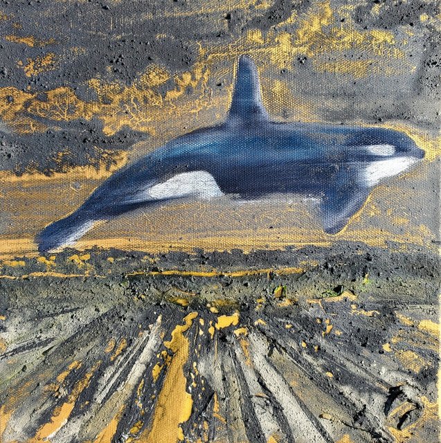 "The Sea Churns Again" 10x10 lightning charcoal, volcanic ash, wood glue, acrylic & oil on canvas