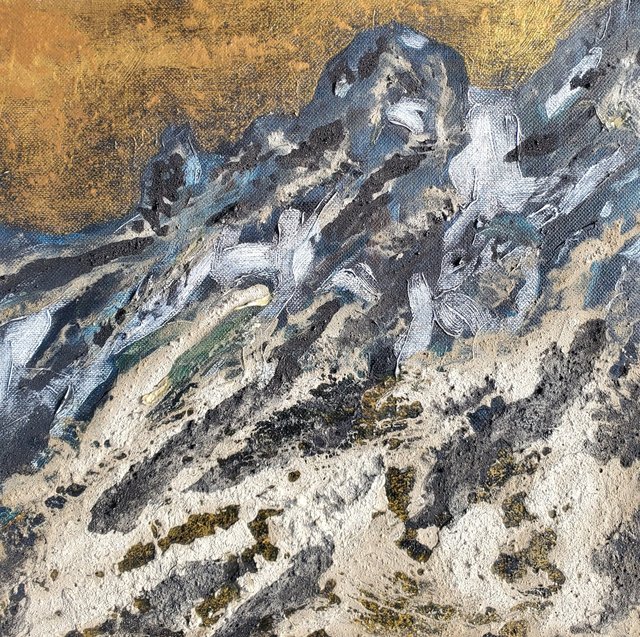 "Hidden within the Mtns" 12x12 forest fire charcoal, volcanic ash, glue, acrylic & oil on canvas