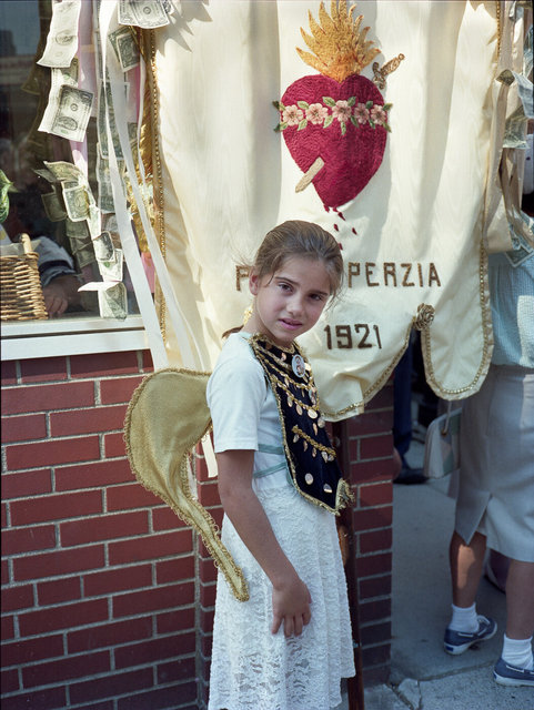 Girl dressed as angel with bleeding heart banner July 12, 1997.jpg
