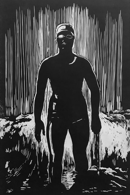 She Emerges Victorious, 30"X44", woodcut