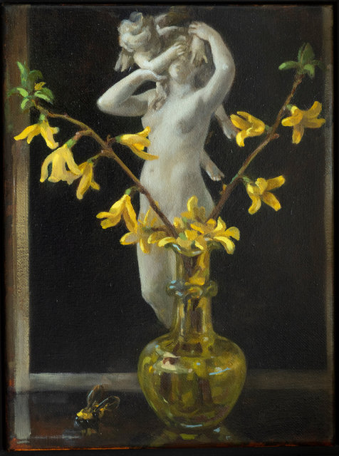 Forcing Forsythia, oil on canvas, 9"x12"