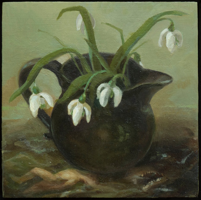Watson and the Snow Drops, 6"x 6", Oil on panel
