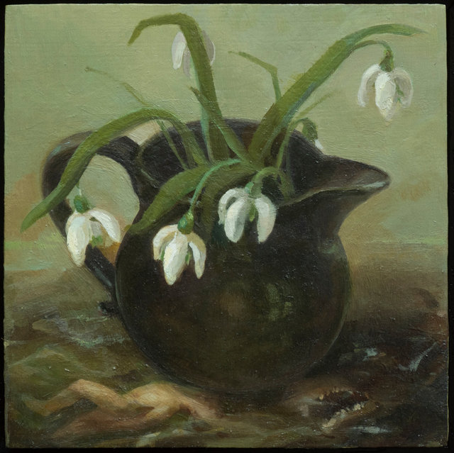 Watson and the Snow Drops, oil on panel, 6"x 6"