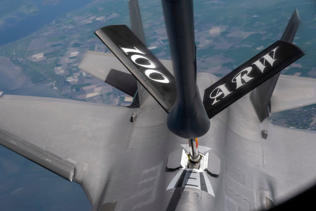  An American Boeing KC-135R Stratotanker of the The 100th Air Refueling Wing flies over the Netherlands 