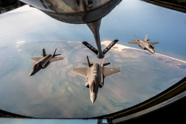 On board the US AF KC-135 Stratotanker during Operation Chowhound. Dutch F35s refuel in the air above the Wadden