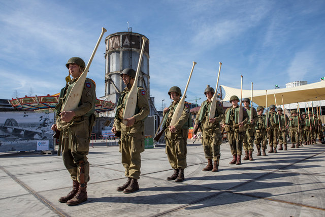 Re-enactors during commemoration just before they are going to repeat 'the crossing' on the river Waal