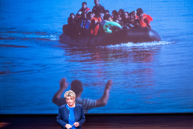 Tineke Huizinga, chair of the Refugee Foundation, gives a lecture