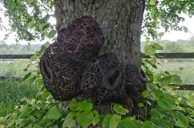 Installation from wood and rattan on the trees of the alley in Nääs, Sweden. 2015