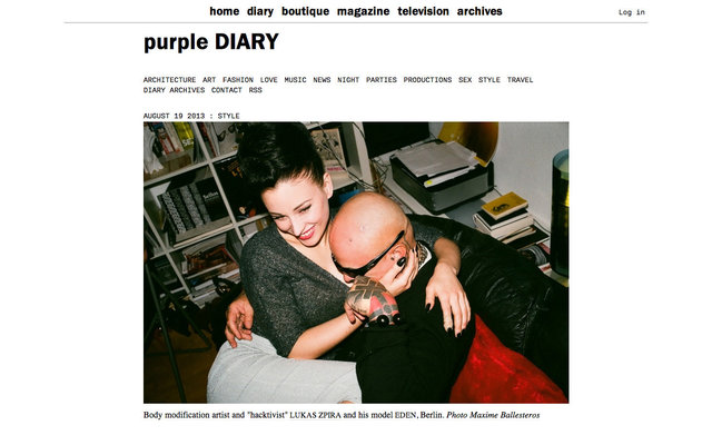 purple DIARY   Body modification artist and  hacktivist  Lukas Zpira nbsp and his model Eden  Berlin