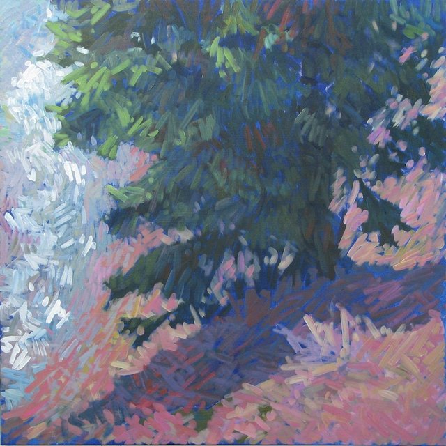 Spruce on Steep Slope Above Prince Creek, Acrylic on Canvas, 36 x 36 in.
