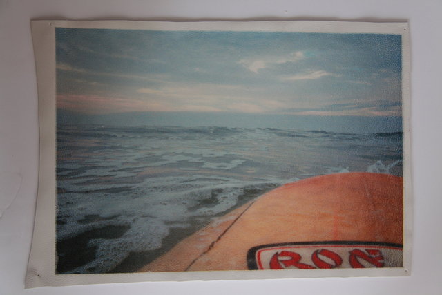 Katrina del Mar: Paddling out early morning (Ron Jon) 12x15in archival pigment print on white leather