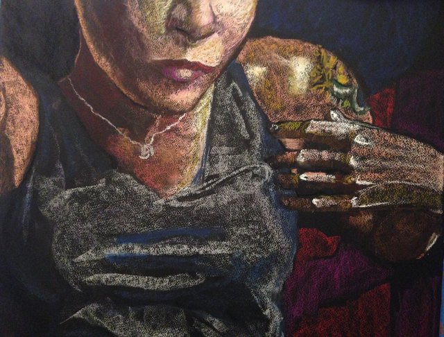 Katrina del Mar, Self Portrait in striped boxers, 2016, Oil Pastel on paper, 30x22 in. (detail)