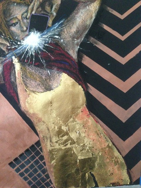 Katrina del Mar: Sam in her mother’s gold bodysuit, 2016, Oil Pastel, copper paint & gold leaf on paper, 30 x 22 in.