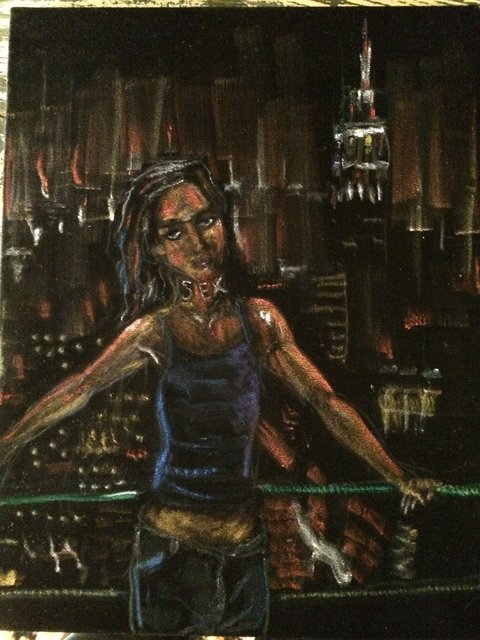Katrina del Mar: Richie (sex necklace) 2014 Acrylic and oil pastel on black velvet 14x18 in.