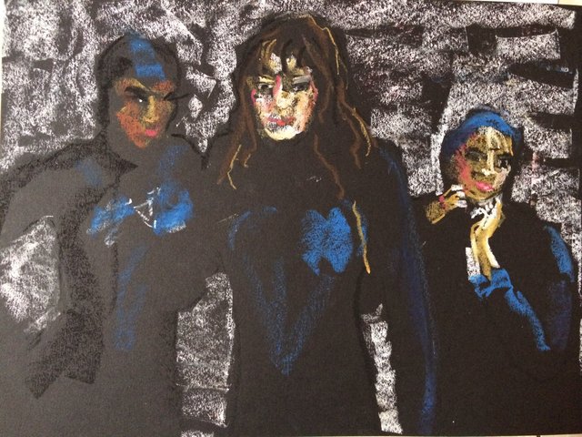 Katrina del Mar Cecilia, Katrina & Miranda in winter wetsuits, 2014, Oil Pastel on paper 9 x 12 in.