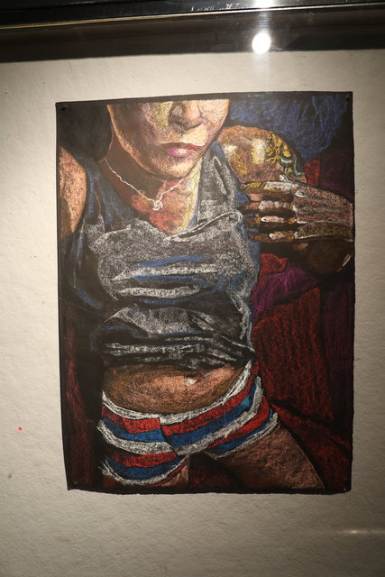 Katrina del Mar, Self Portrait in striped boxers, 2016, Oil Pastel on paper, 30x22 in.