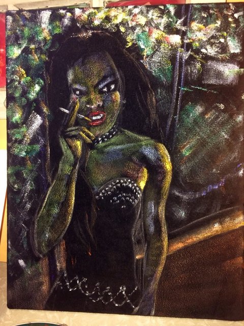 Katrina del Mar: Biker girl (with cigarette prop,) 2014. Acrylic and oil pastel on black velvet 14x18 in.