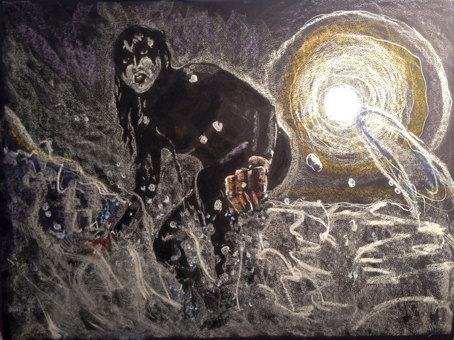 Katrina del Mar Ruth surfing in Kiss makeup, 2016, Oil Pastel, acrylic paint & silver ink on paper, 22 x 30 in.