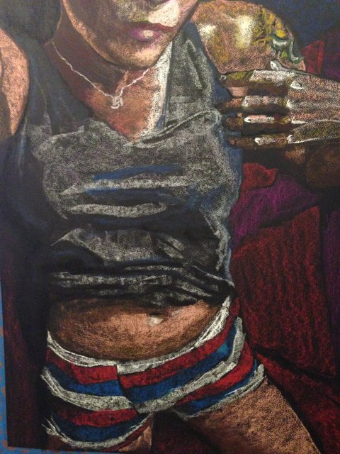 Katrina del Mar: Self Portrait in striped boxers, 2016, Oil Pastel on paper, 22x30 in.