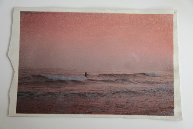 Katrina del Mar: Twilight Surf, Ditch Plains. 12 x 18 in archival pigment print on white leather