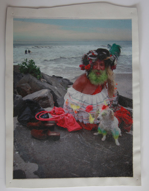 Katrina del Mar Miss Colombia_at_Riis_w_surfers 15x12in archival pigment print on white leather SOLD