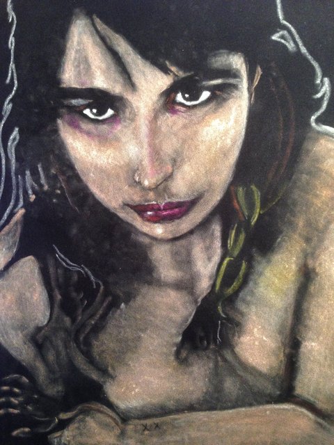 Katrina del Mar: Nat in black stockings, 2016, Oil Pastel on black velvet , 36 x 25 in.