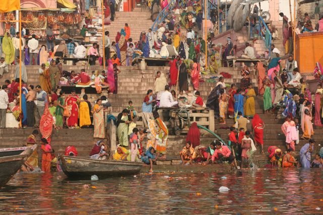 Morning rush hour on the ghats at Varanasi.