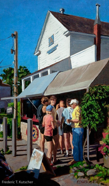 Rowers Arrive for Coffee - Burton Coffee Stand (Vashon WA) (15W  25H oil on canvas on board) 2010-21