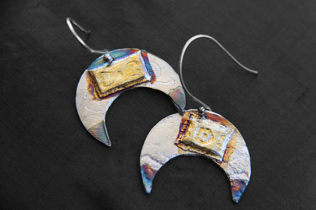 Crescent Moon Earrings - silver w/ 24k gold and patina - Dimensions 2 X 2.5 cm