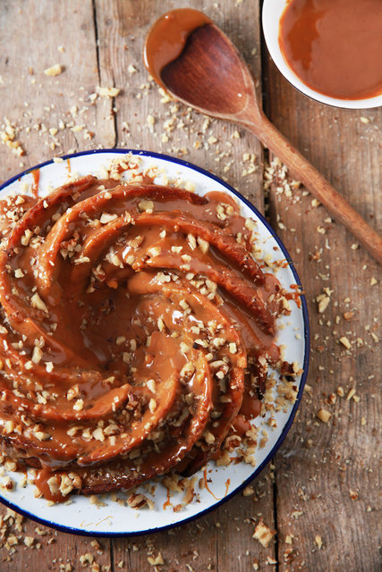 Banana Bundt Cake with Walnuts and a Caramel Sauce