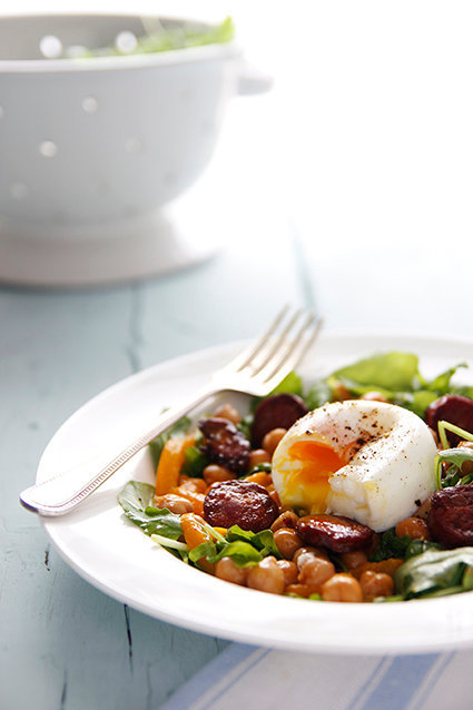 Warm Chorizo and Chickpea Salad with a Pouched Eg