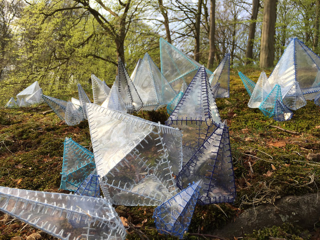 Work made for the exhibition Flygtighed in Liselund, Danmark. Sewed plast sheets. 2015