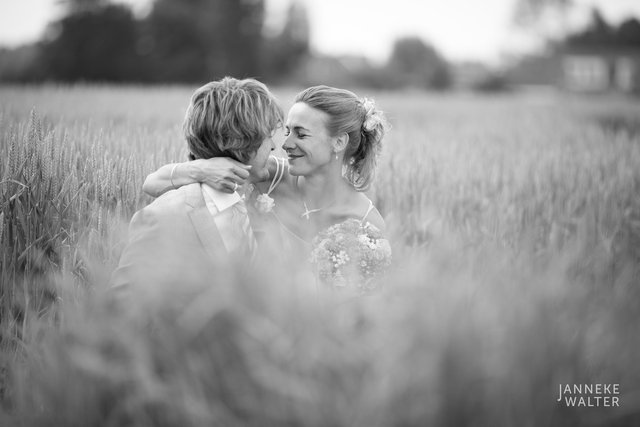 Portretfoto bruidspaar in graanveld © Janneke Walter, fotograaf Utrecht De Bilt, loveshoot, bruidsfotografie, trouwfotografie