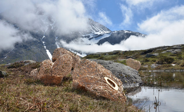 Installation woven of wood and rattan for 'Kunst i Natur* in Åndalsnes, Norway 2015