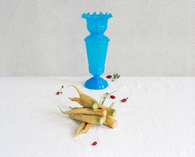 Blue Vase, Yellow Carrots, Stawberries