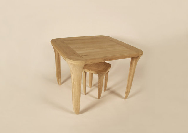 on tiptoes +, table and stool