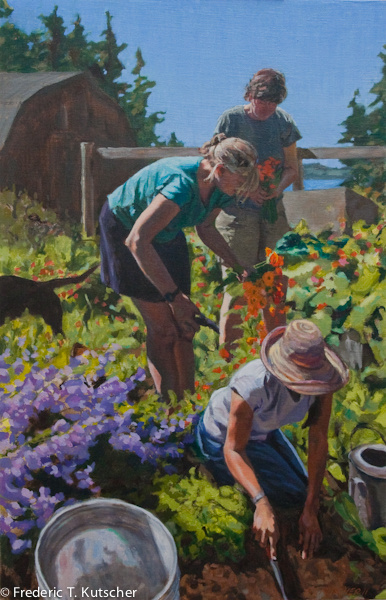 Three Sisters Gardening with Dog (20W 31H oil on linen on board) 2011-9_.jpg