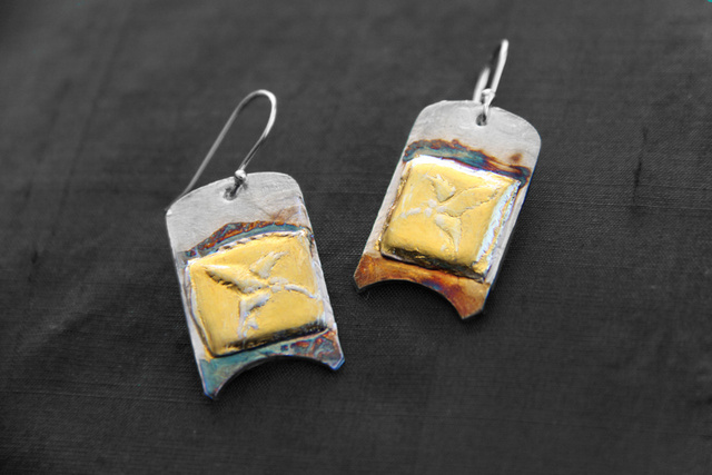 Hummingbird Earrings - Pure silver w/ 24k gold and patina - Dimensions 2 X 2.5 cm (SOLD)