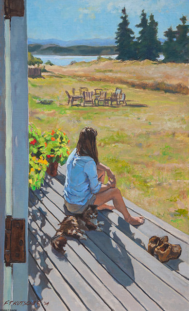 Back Home on Summer Weekend - Young Woman on Porch with Cat 