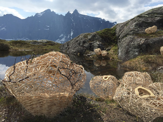 Installation woven of wood and rattan for 'Kunst i Natur* in Åndalsnes, Norway 2015