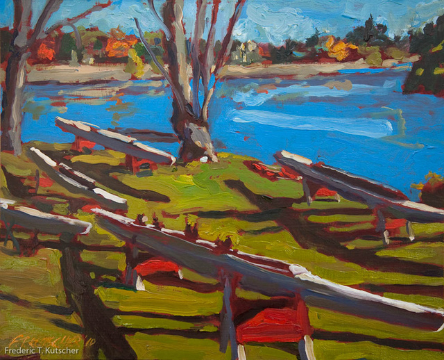 Shells at Gorge Race (October_ Craigflower Park_ Victoria BC) (10.625W 8.625H oil on board) 2010-26